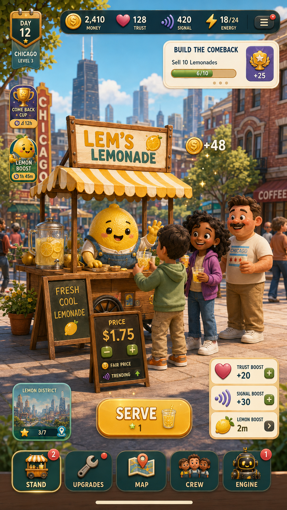 Lem’s Universe iOS game screenshot showing Physical Chicago lemonade stand gameplay.